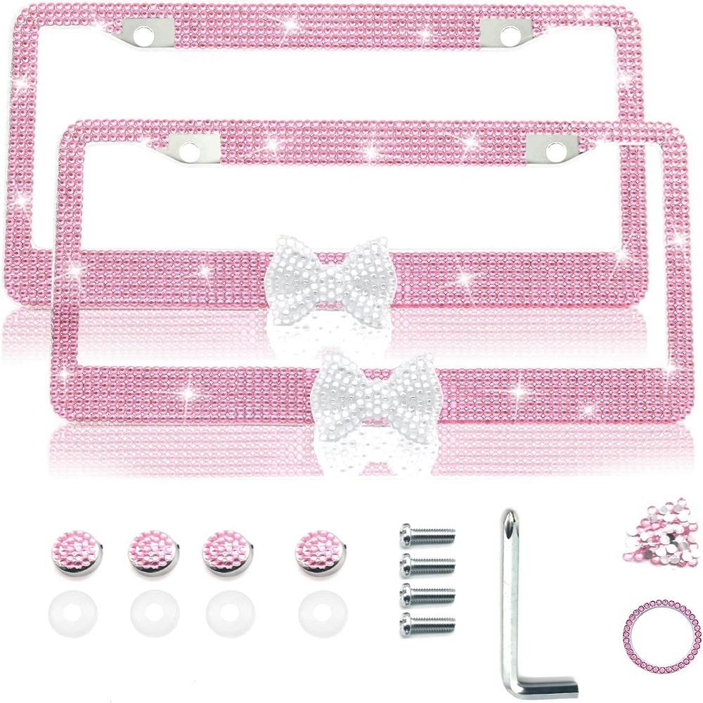 2 Pack Pink,White Bling License Plate Frame License Bracket Holder  for US Vehicle