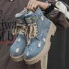 New 2024 Denim Lace-Up Men Boots Walking Travel Boots Japanese Style Flats Platform Ankle Boots Men Shoes Casual Dress