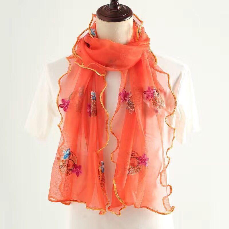 Lotus Leaf Edge Embroidered Wrapped Scarf Women's Long and Versatile High Elasticity Embroidered Scarf Silk Scarf