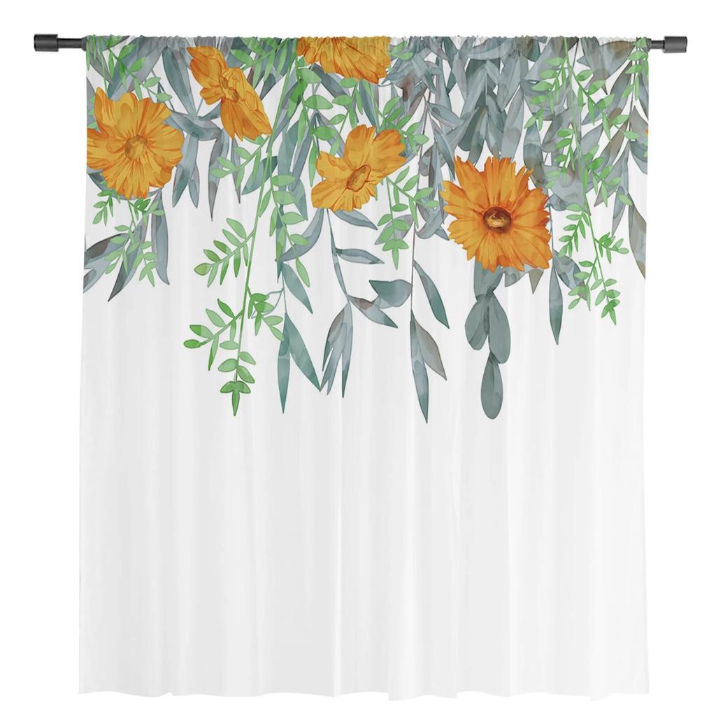 Plants Flowers Watercolor Orange Green Sheer Window Curtain Tulle Curtains for Livingroom Bedroom Hotel Home Decor Voile Drapes
