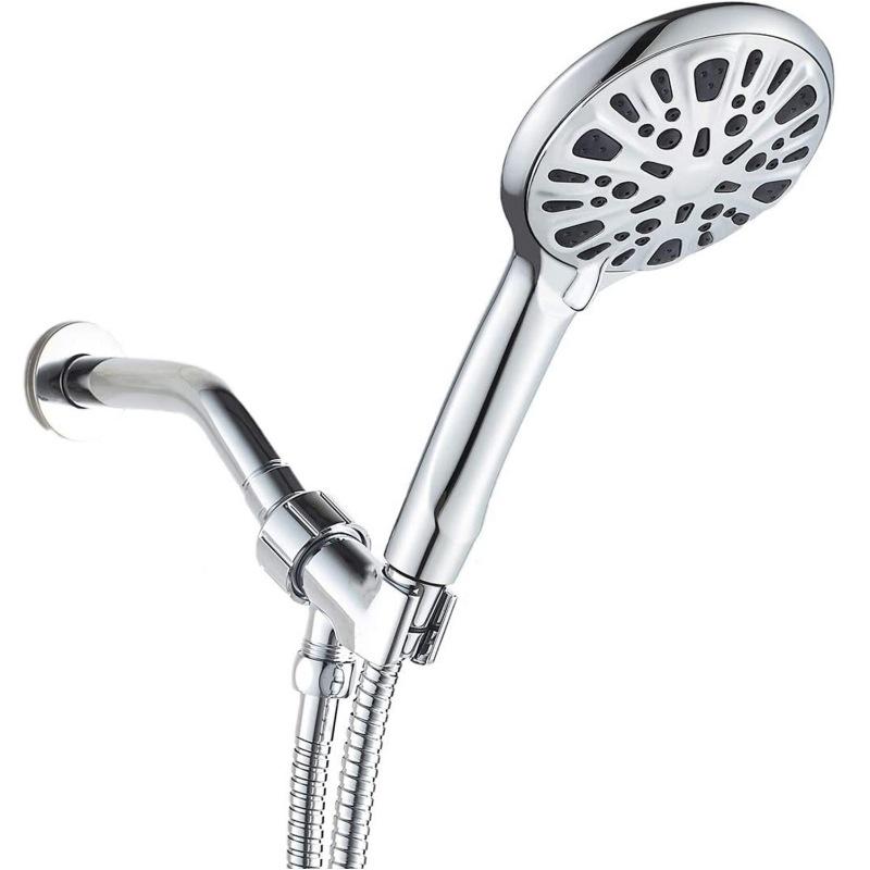 Bathroom shower head with multi-function rainfall shower spray. Bathroom shower system accessory set of three pieces.