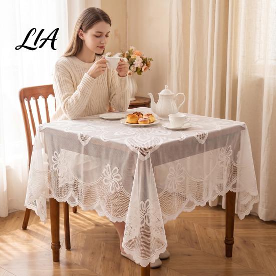 Vintage Lace Tablecloth White Floral Tablecloth, Rustic Boho Table Cover, Foldable Dining Cloth for Wedding Bridal Shower Party Decoration Decorative