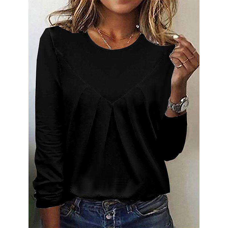 Daily Home Simple Elegant Women Pullover Top Wrinkled Base Shirt Long Sleeved T-shirt