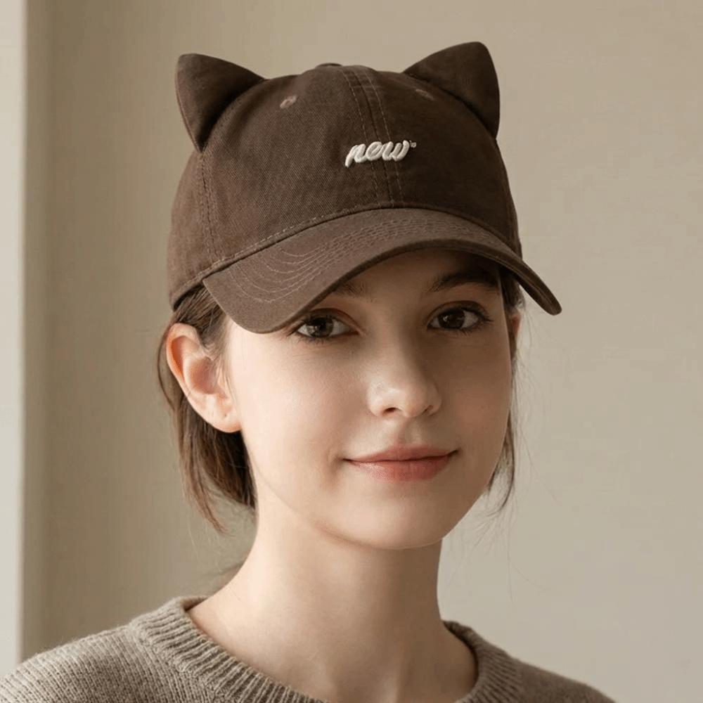 Simple Embroidered Embroidery Letter Baseball Cap Cotton Visor Cat Ear Hat Sunscreen Korean Style Peaked Cap Men