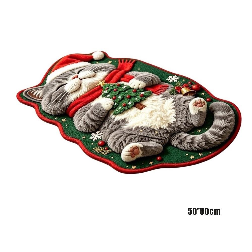 Christmas Theme Pattern Cat Shaped Area Rug Plush Faux Cashmere Rug Entryway Decor