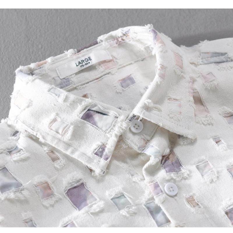 Молодежная популярная рубашка с длинным рукавом в клетку с цветными дырками для мальчиков, уличная свободная мужская рубашка, рубашки из чистого хлопка на весну/осень, повседневная верхняя рубашка