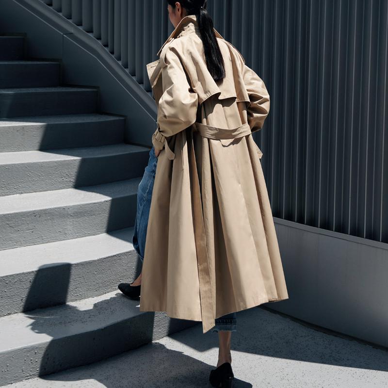Johnature Корейский модный однотонный универсальный плащ для женщин, осенние бандажные свободные женские пальто с отложным воротником