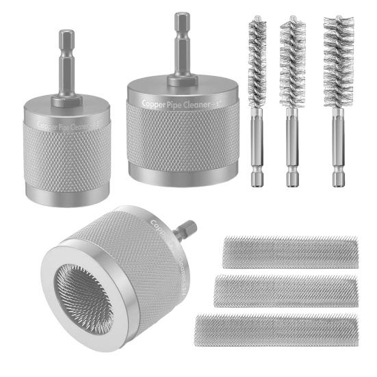 Copper Pipe Cleaner Set with Hex Shank Replaceable 72A Steel Wire Brush Heads Threaded Design Prevents Slippage Pipe Cleaning Tools