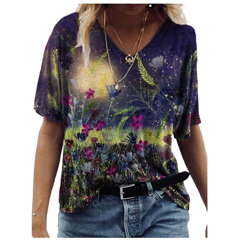 Women 3D Printed T Shirt Casual Summer Outfit Floral V Neck Tops Sportwear Short Sleeve T Shirts