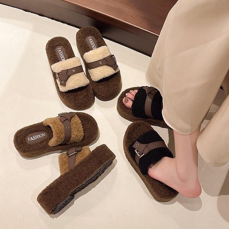 Женские шерстяные тапочки с пряжкой на толстой подошве, осень-зима 2024 года, новая модная корейская версия повседневных плюшевых хлопковых тапочек