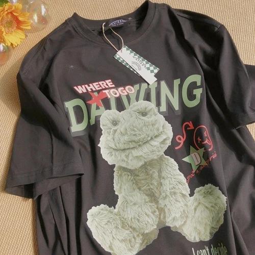 Women T-shirt Green Plush Frog Print Summer Men's Women's Short-sleeved Oversized T-shirts Harajuku Gothic Y2k T Shirt