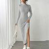 Autumn Winter Solid Long Sleeve Half Turtleneck Maxi Dress Women's Elegant Side Slit Skinny Elastic Gray Knitted Dresses Women