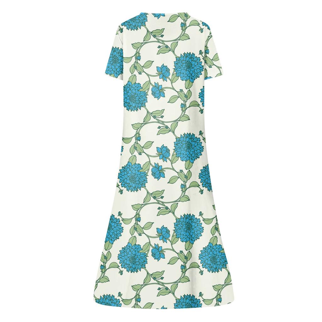 Women's Summer Casual Fashion Floral Printed Short Sleeve Button Pocket Dress