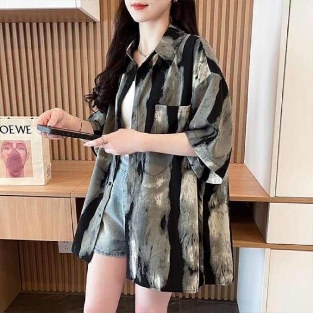 Navava Retro Water Ink Pattern Oversized Short Sleeve Shirt Nb2640
