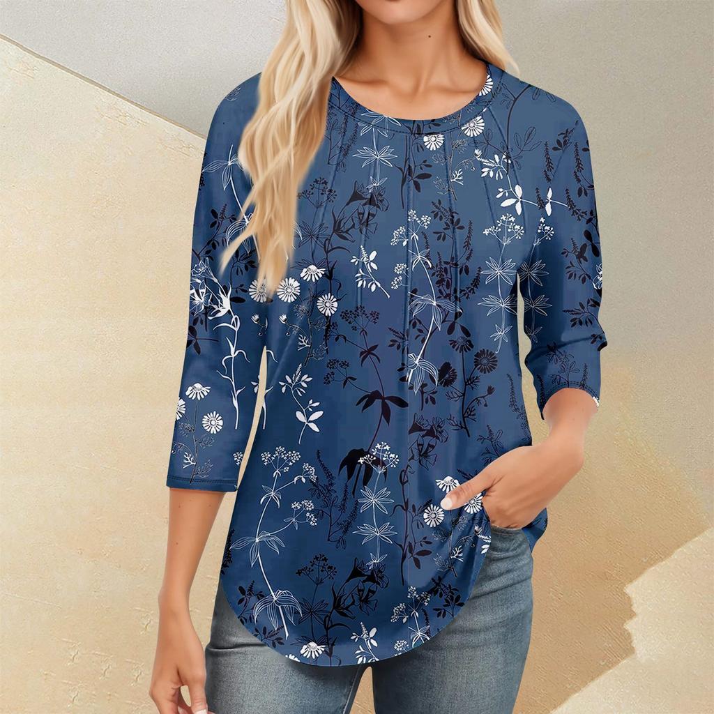 Женский повседневный универсальный топ с круглым вырезом и цветочным узором в горошек и длинными рукавами