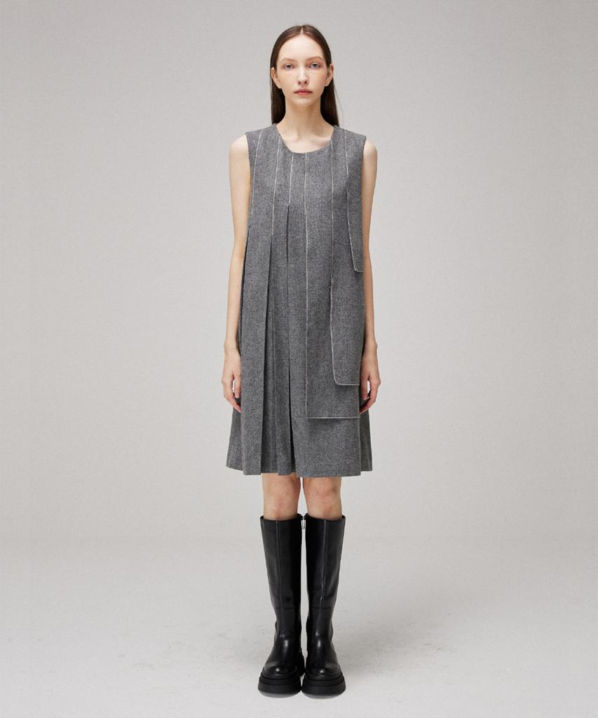 Meuameu Pleated Wool Unbalance Stitch Sleeveless Dress