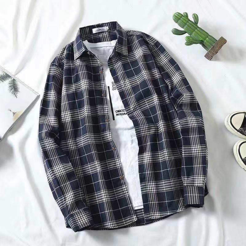 Рубашка унисекс с длинным рукавом в гонконгскую клетку: Модный, свободный крой, ретро-корейский стиль на все времена года