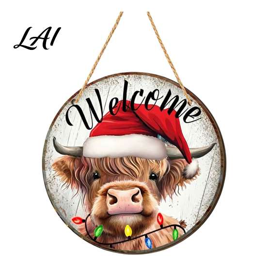 Retro Festive Home Decor Christmas Wooden Round Hanging Sign Santa Claus Highland Cow Winter Theme Rustic Wall Door Decor Farmhouse Holiday Welcome