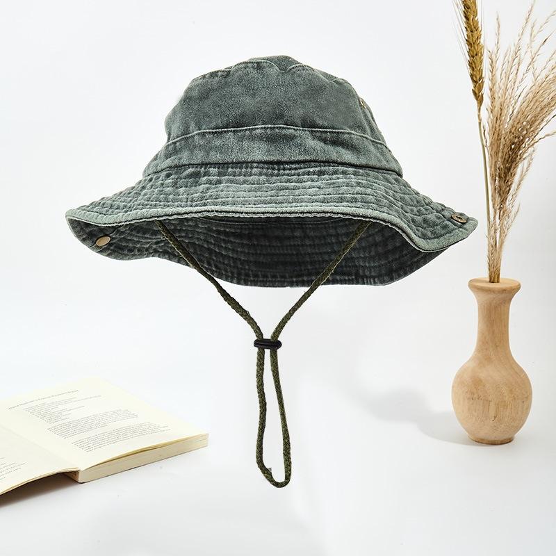 Washed new board with sunshade foldable basin hat outdoor fishing windproof rope big eaves hat denim bucket hat sun protection