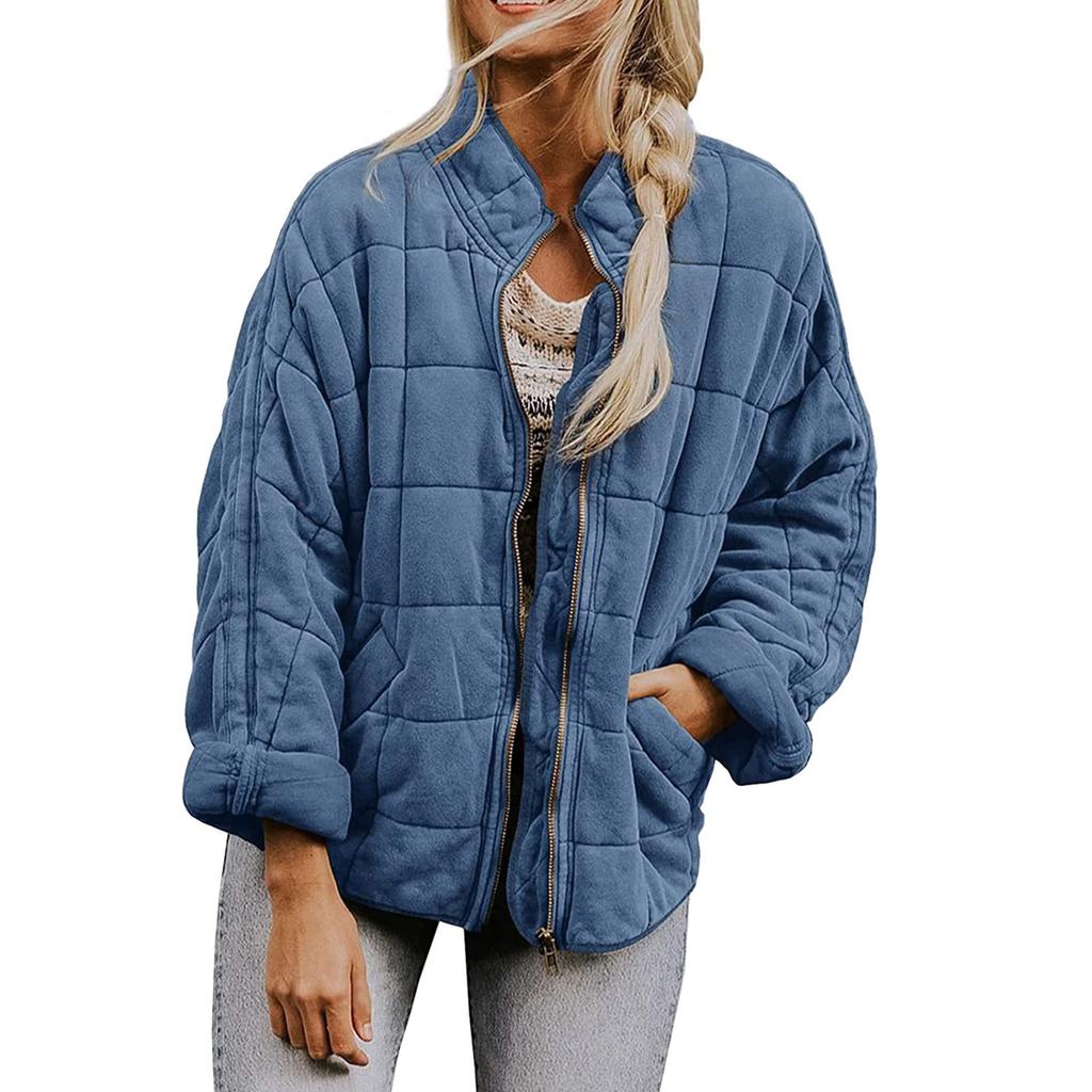 Women's Fashion Solid Color Stand Collar Cotton-Padded Jacket Loose Pocket Long Sleeve  Coat