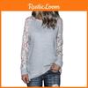 Trim Lace Grey Crew Neck Fitted Tshirt Blended Fabric Hoodie Women Long Sleeve