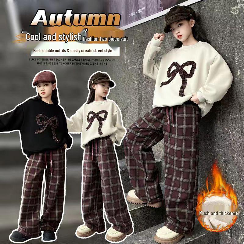 Модный клетчатый брючный костюм для девочек и толстовка с бантом - Осень/Зима 2025