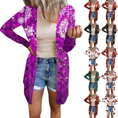 Длинный рукав Женский ретро принтованный топ Легкий базовый свободный жакет Кардиган Повседневные рубашки Рождество