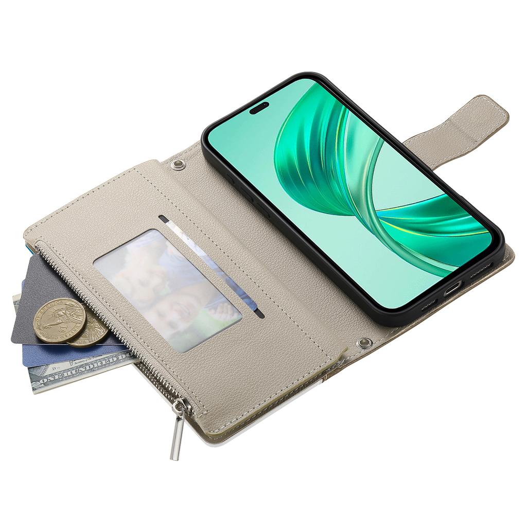 For Honor X8c 4G Case Zipper Wallet Color Splicing Leather Flip Phone Cover with Straps