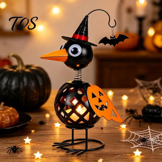 Creative Halloween Gift Wrought Iron Crow And Pumpkin Ornament, Metal Bird Candle Holiday Home Accents Holder Statue with LED for Table Decor