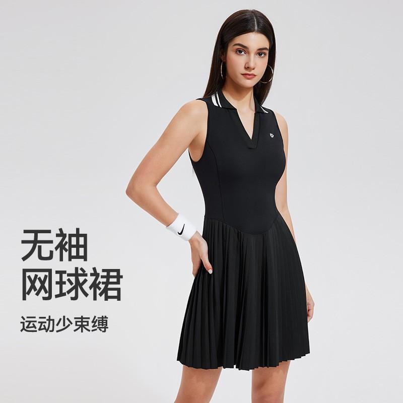 Womens Tennis Dress With V-Neck Waist-Cinching Fit Pleated Skirt Quick-Dry Sportswear Badminton Pickleball Active
