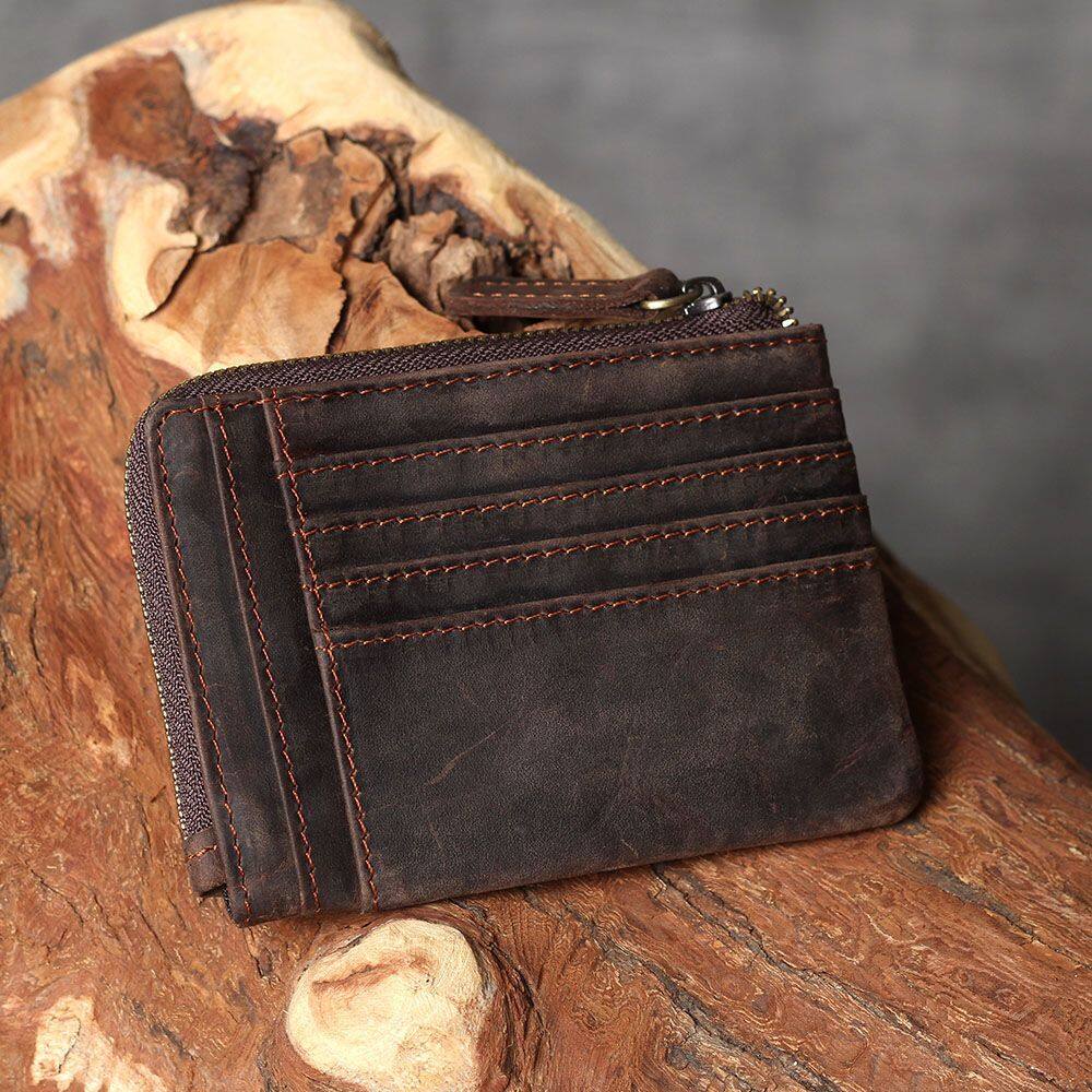 Многослотовое ретро кофейное ручной работы из кожи Crazy Horse мужское дизайнерское портмоне на молнии для монет и кредитных карт, маленькие кармашки