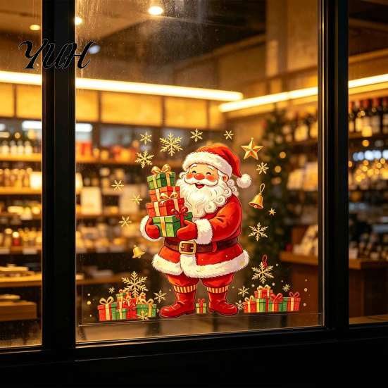Holiday Decorative Gifts Christmas Window Clings, Cute Santa Claus Snowman Xmas Tree Stickers, Removable PVC Clings Winter Static Glass Decal