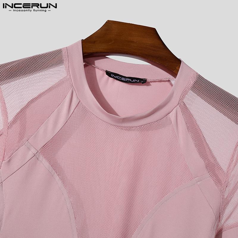 INCERUN Мужская летняя сетчатая футболка с коротким рукавом, лоскутная одежда для вечеринок и клубов