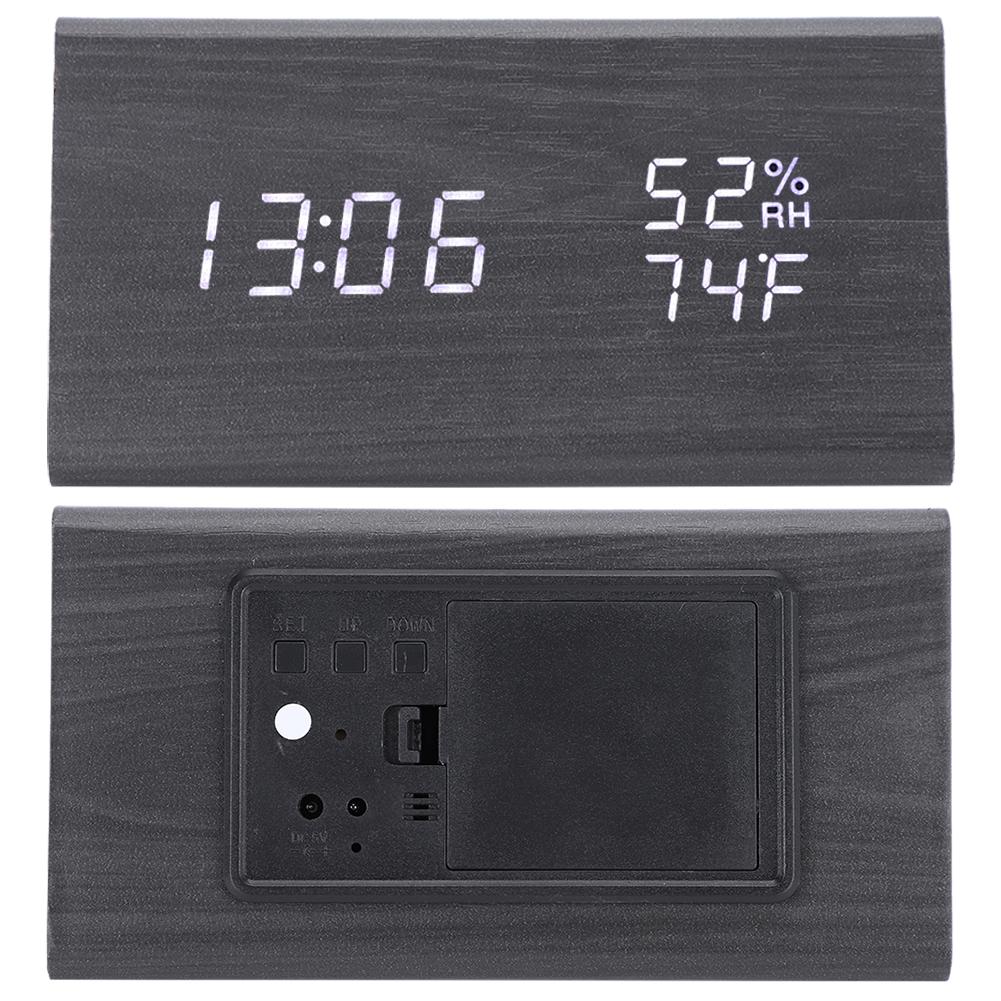 Digital LED Wood Desk Clock Voice Control Triangular Temp Humidity Alarm White Light