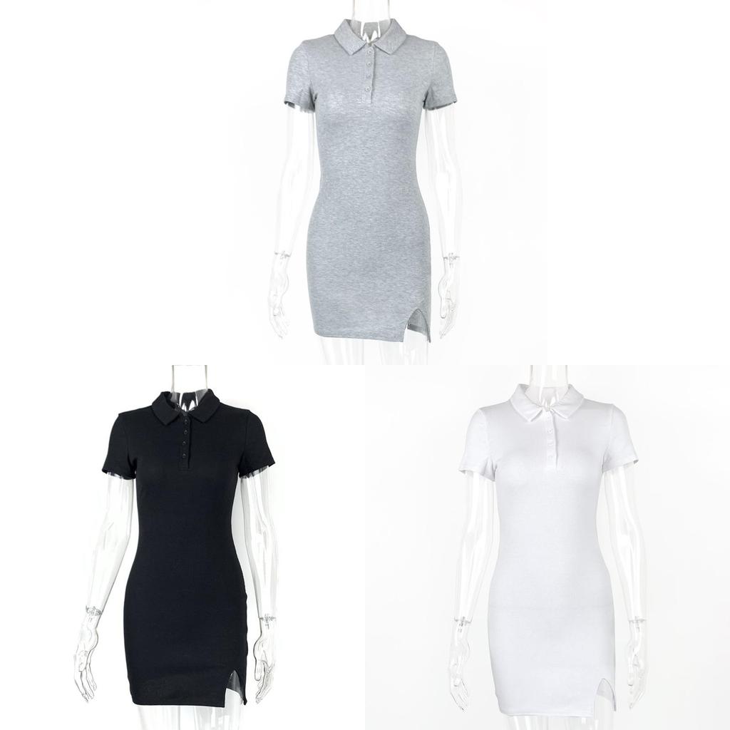 Summer Sexy Bodycon Dress With Polo Neck Short Sleeve Knitted Fabric For Club Wear