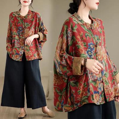 Этнический стиль ретро большой цветок рубашка из хлопка и льна женская весенняя китайская застежка на пуговицы кардиган с рукавом летучая мышь топ