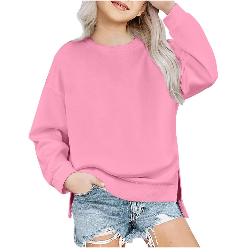 Children's Oversized Pullover Sweatshirt Girls' Round Neck Split-Front Solid Color Hoodie