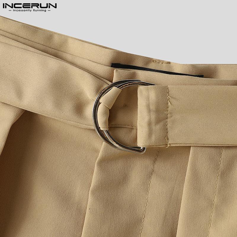 INCERUN Men Solid Color Zipper Up Belted Shorts Skirts Irregular Kilts