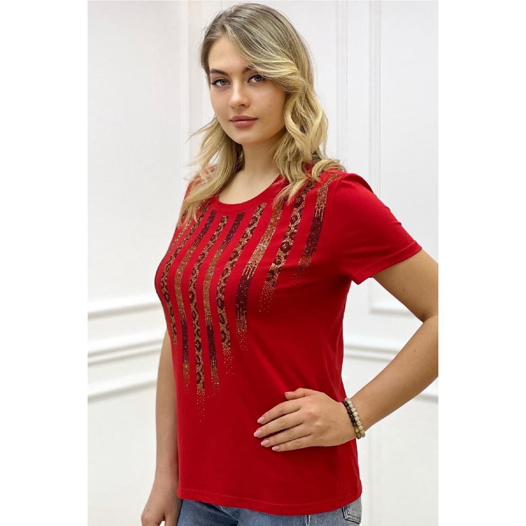 Хлопковая черная женская футболка с коротким рукавом и круглым вырезом с леопардовым принтом и кристаллами больших размеров