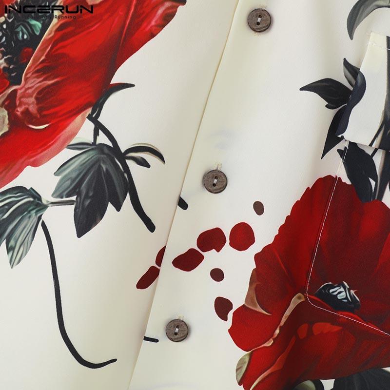 INCERUN Мужская летняя рубашка с коротким рукавом и отложным воротником с цветочным принтом