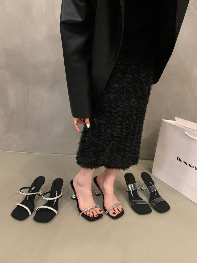 Niche High-end Transparent Belt Slippers Women's Shoes Wear 2025 Summer Rhinestone Sandals High-heeled Sandals