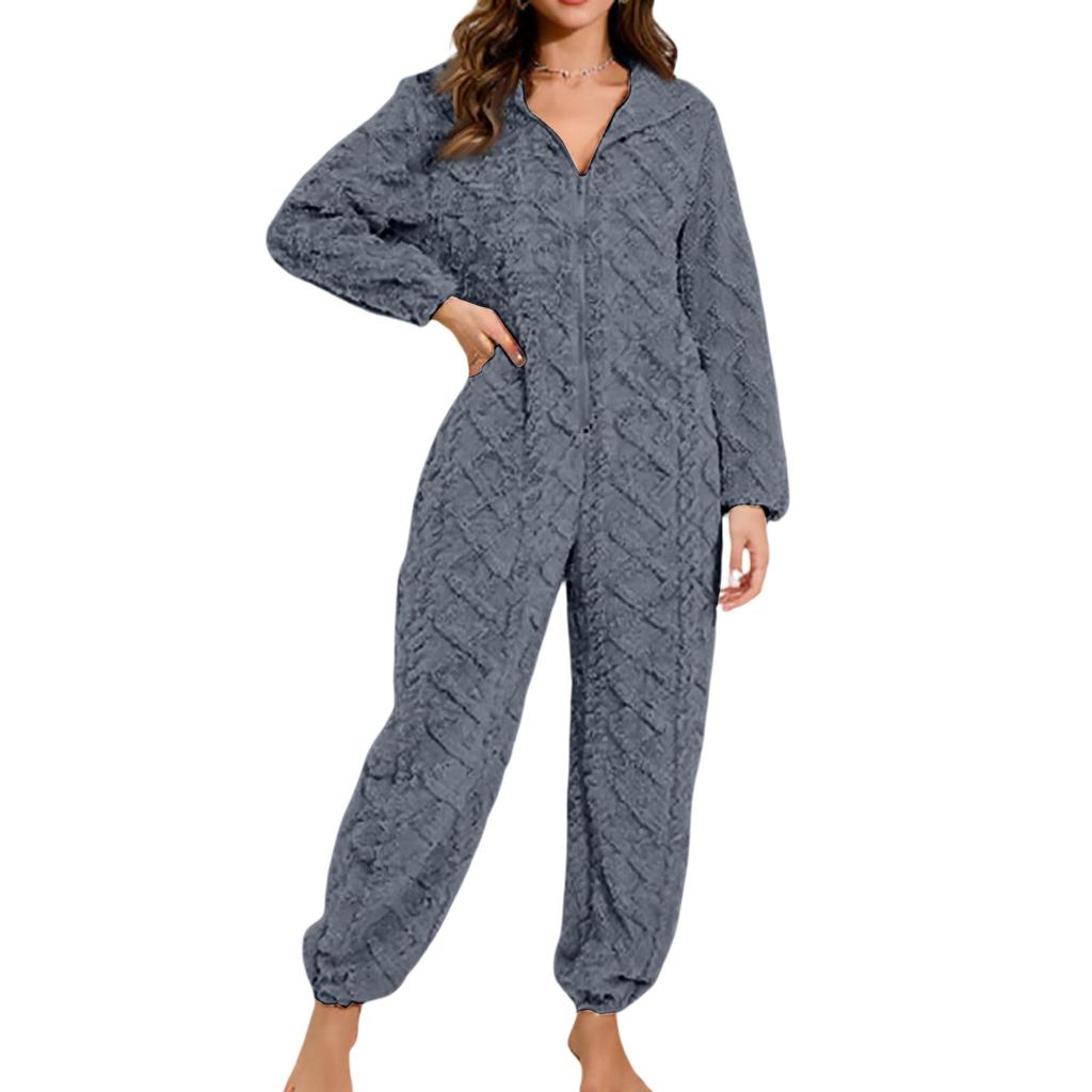 Женская мода Однотонная плюшевая домашняя одежда Повседневный комбинезон с капюшоном на молнии и длинными рукавами Пижама