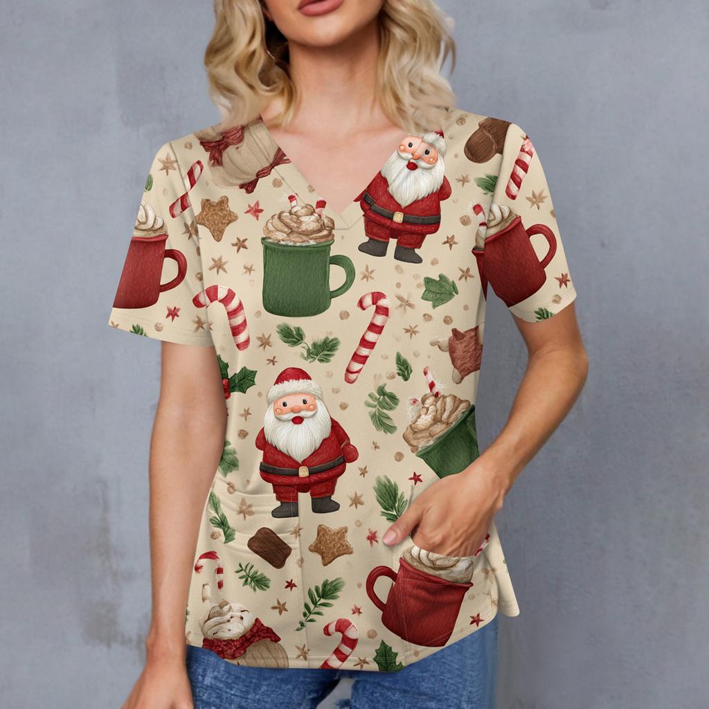 Women's Christmas Print V-Neck Double Pocket Short Sleeves Hem Slit Uniform And Caregiver Top