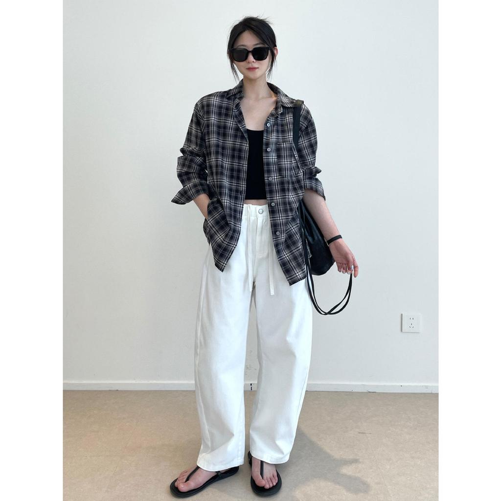 Nan Yu 100% Cotton Plaid Loose Long Sleeve Sun Protection Shirt for Women - Early Autumn 2025 Collection