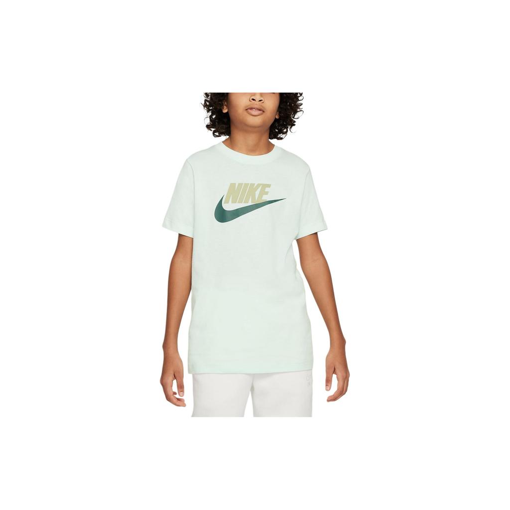 Nike Спортивная одежда с принтом логотипа, круглым вырезом, коротким рукавом, повседневные детские топы светло-зеленого цвета AR5252-394