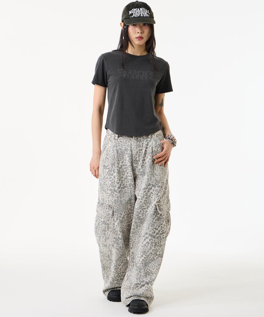 UNKNOWN PLANET Leopard Wide Cargo Pants Gray