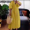 Summer Women Tunic Party Ruffle V Neck Button Thin Puff Sleeve Casual Loose Long Shirt Dress Plus Size