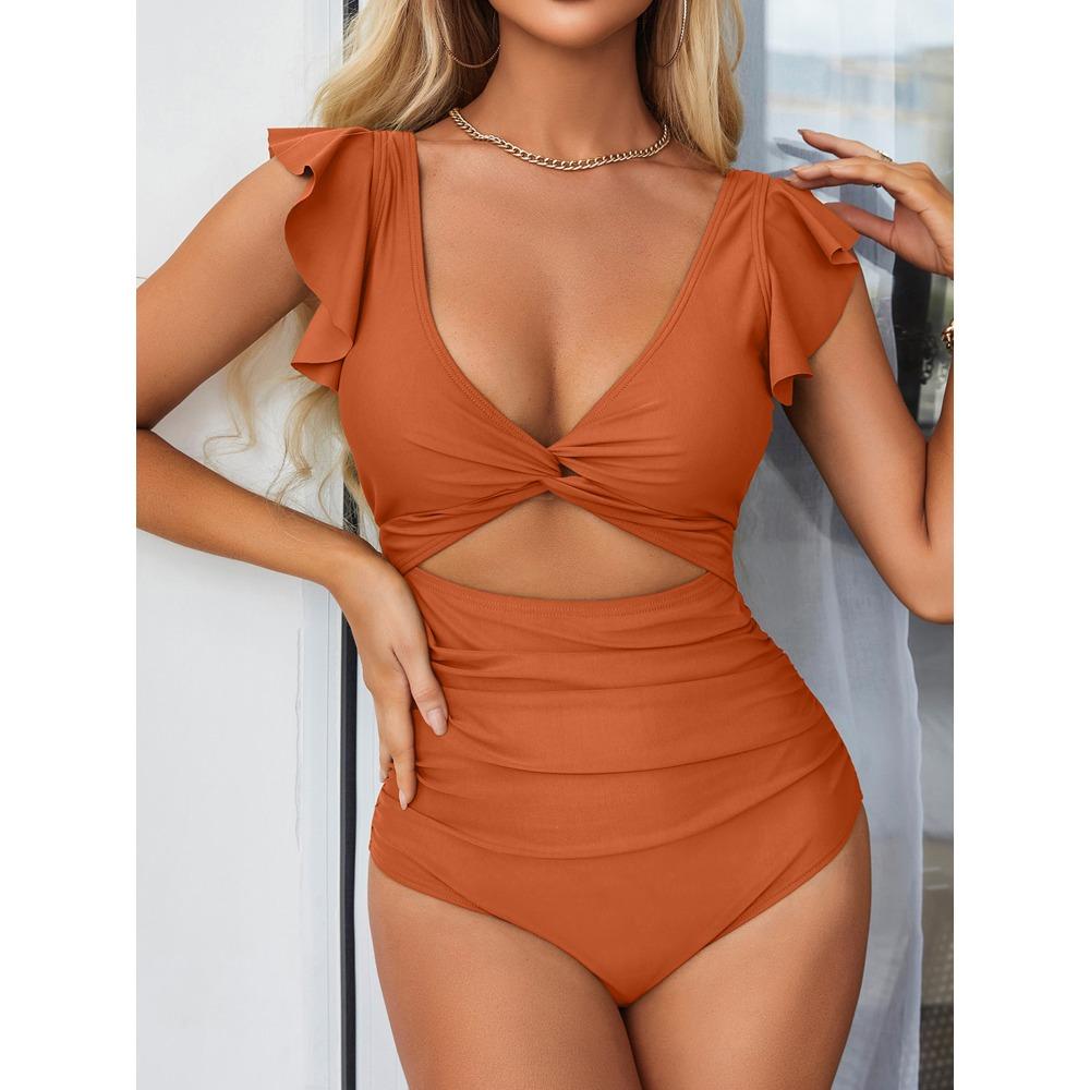 Ruffle One Piece Swimsuits for Women V Neck Ruched Monokini Bathing Suits Beach Surf Wear