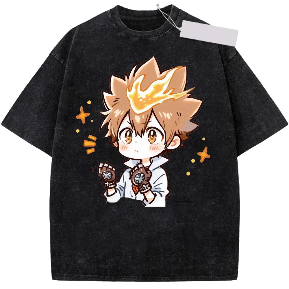 Washed Tee Katekyo Hitman Sawada Tsunayoshi Wash Cotton T shirt vintage Anime Summer Cartoon Casual Short sleeve Washed Tshirt oversize