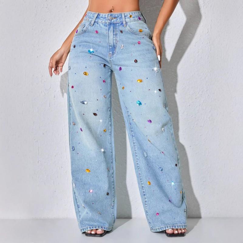 Womens Loose Straight Leg Jeans High Waist Street Style Denim Pants Washed Casual